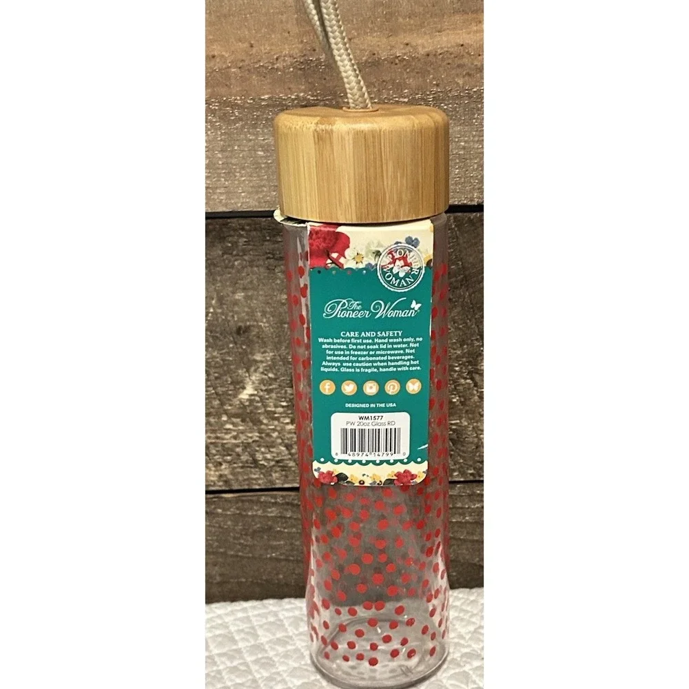 Pioneer Woman Glass Water Bottle with Red Polka Dots 20oz Bamboo Lid Rope Handle